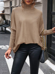 Buttoned Solid Color Split-Joint Batwing Sleeves Long Sleeves High Neck Sweater Tops Pullovers