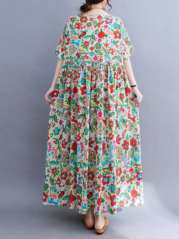 Pleated Printed Split-Joint Loose Short Sleeves Round-Neck Midi Dresses