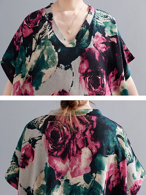 Artistic Retro Short Sleeves Loose Floral Printed Contrast Color V-Neck Maxi Dresses