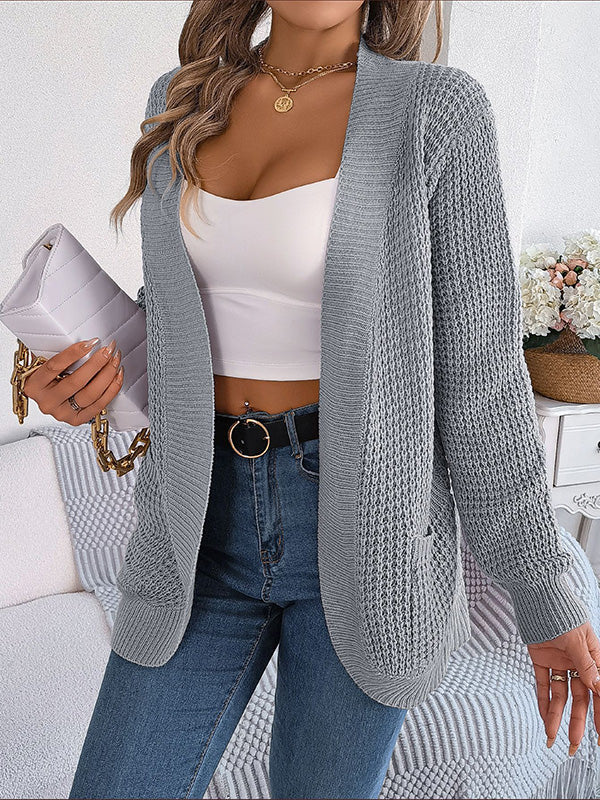 Pockets Solid Color Long Sleeves Loose Collarless Cardigan Tops