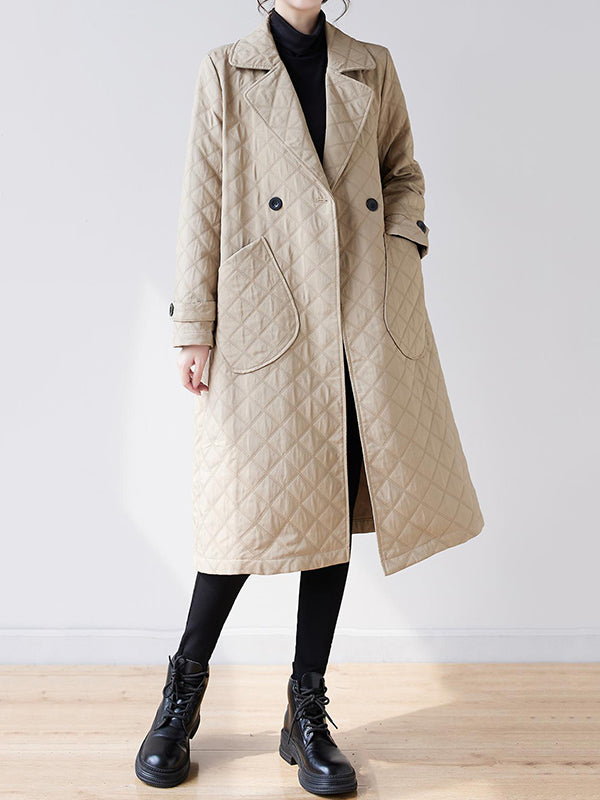 Buttoned Pockets Quilted Long Sleeves Loose Notched Collar Padded Coat