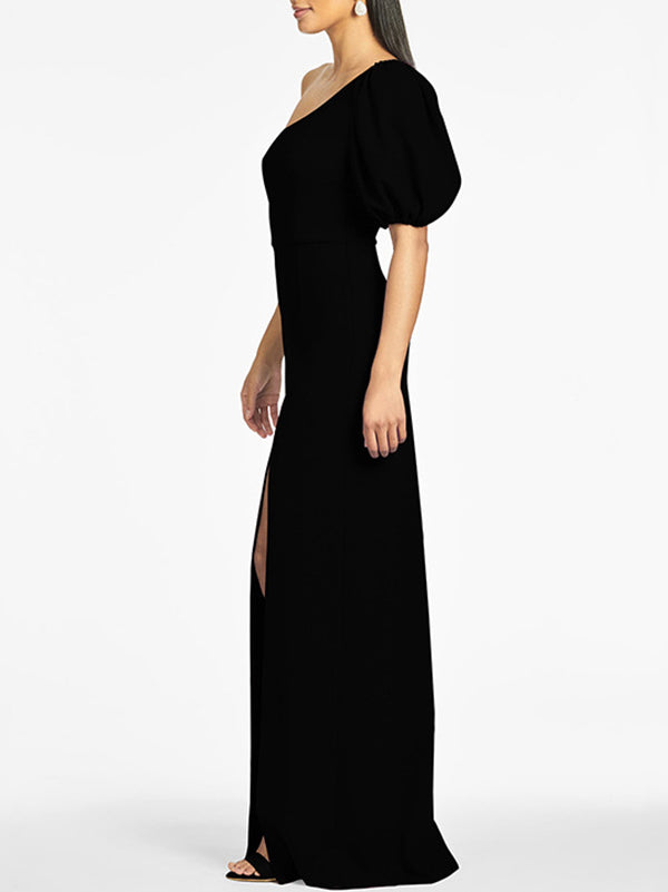Solid Color Split-Side Puff Sleeves One-Shoulder Maxi Dresses