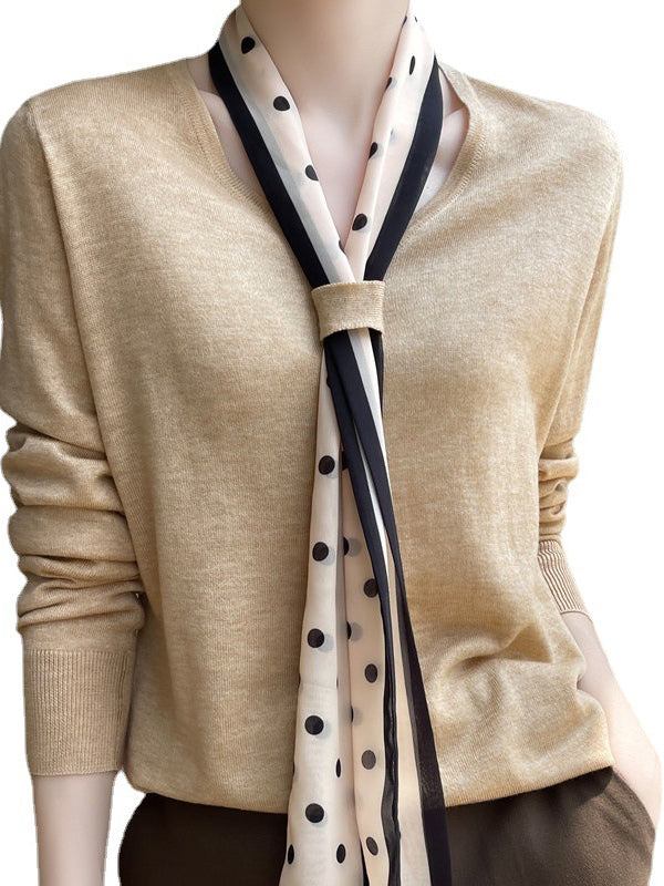 Polka-Dot Ribbon Long Sleeves Loose V-Neck Sweater Tops Pullovers