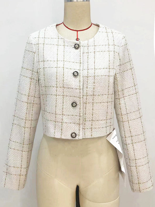 Buttoned Plaid Split-Joint Long Sleeves Loose Round-Neck Outerwear