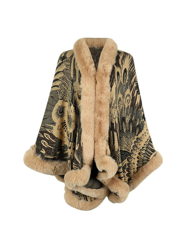 Jacquard Keep Warm Velvet Long Sleeves Loose Collarless Shawl Cape