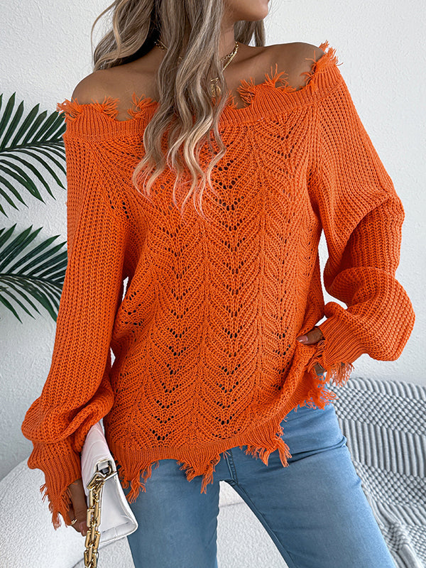 Hollow Knitted Leaves Ribbed Knit See-Through Solid Color Long Sleeves Off-The-Shoulder Sweater Tops