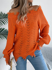 Hollow Knitted Leaves Ribbed Knit See-Through Solid Color Long Sleeves Off-The-Shoulder Sweater Tops