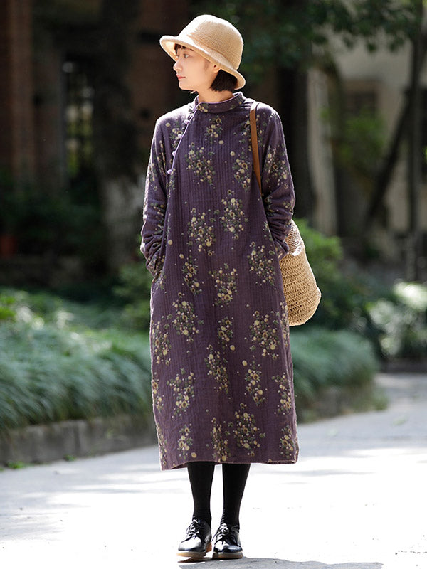 Vintage Loose Printed Keep Warm Velvet Midi Dress Long Cheongsam