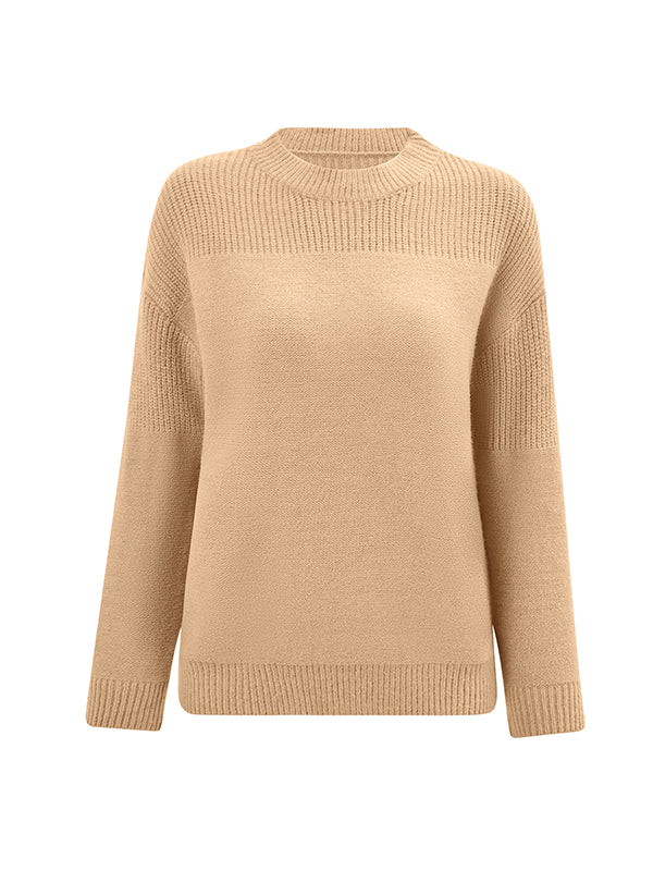 Solid Color Long Sleeves Loose Round-Neck Sweater Tops Pullovers
