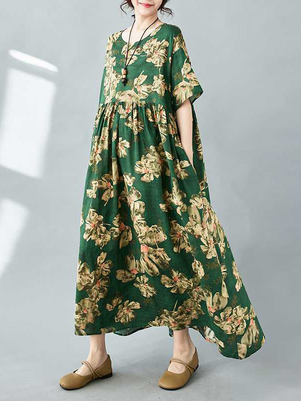 Flower Print Pleated Pockets Half Sleeves Loose Round-neck Midi Dresses