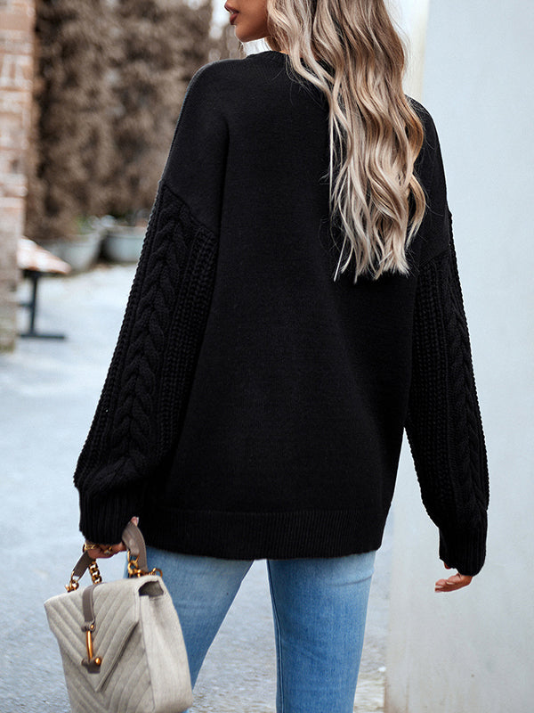 Solid Color Long Sleeves Loose Round-Neck Sweater Pullovers