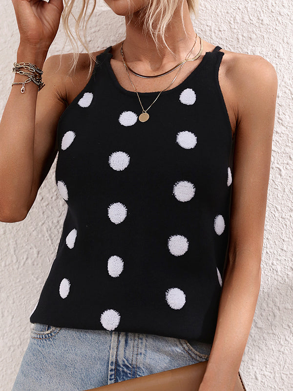 Hollow Polka-Dot High-Low Sleeveless Round-Neck Vest Top
