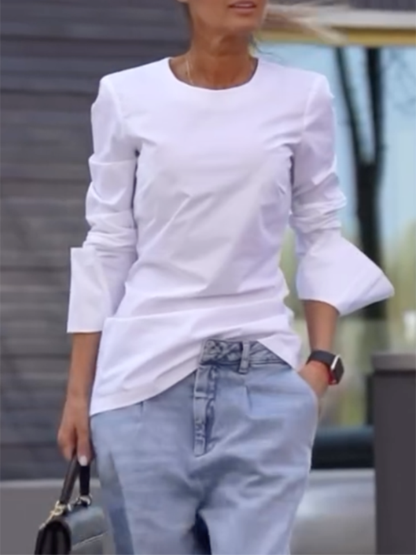 Solid Color Long Sleeves Loose Round-neck T-Shirts Tops