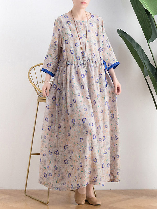 Original Floral Round-Neck Elasticity Waist Midi Dress