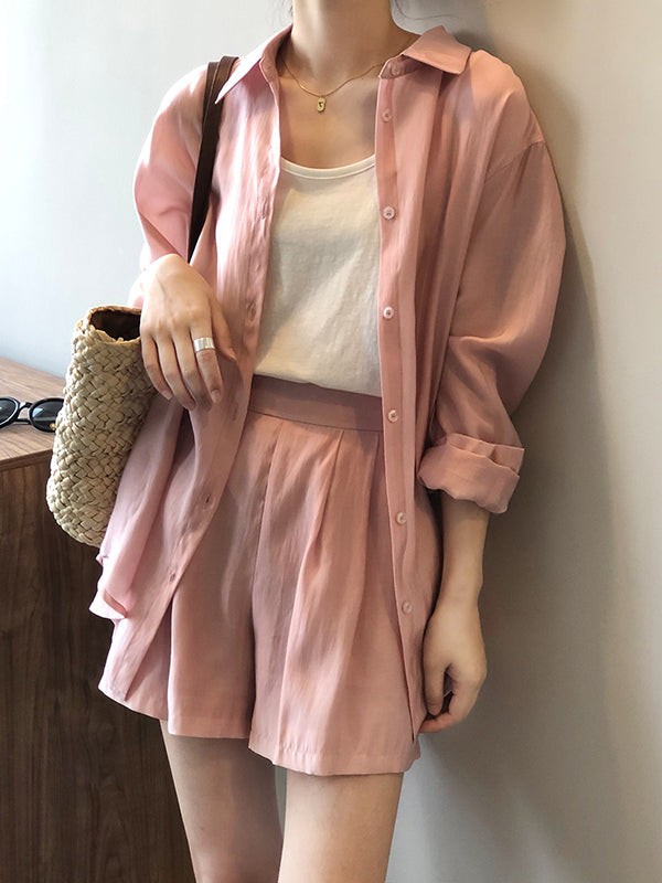 Loose Solid Color Long Sleeves Blouse + Pleated Shorts Two Pieces Set