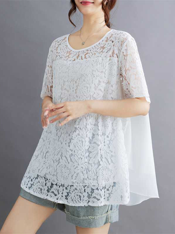 Hollow Solid Color Split-Back Split-Joint Loose Plus Size Round-Neck T-Shirts Tops