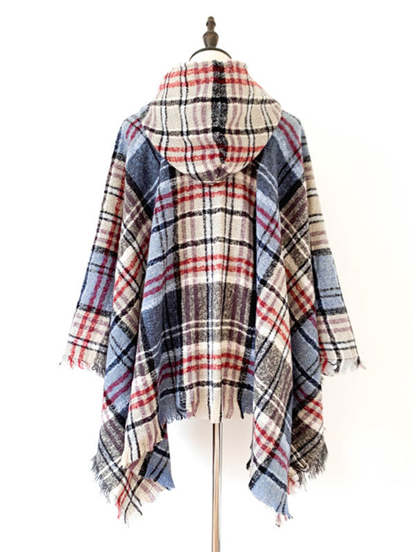 Fringed Hooded Keep Warm Plaid Shawl&Cloak Cape