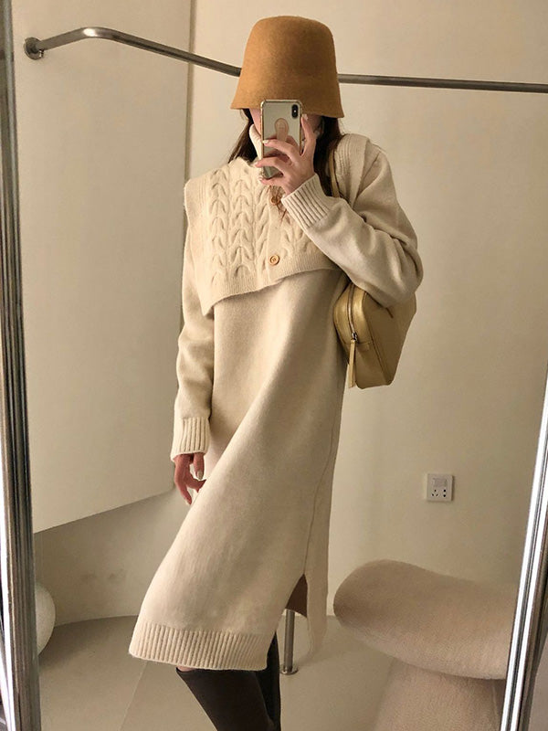 Original Stylish Buttoned Shawl High-Neck Long Sleeves Sweater Dress