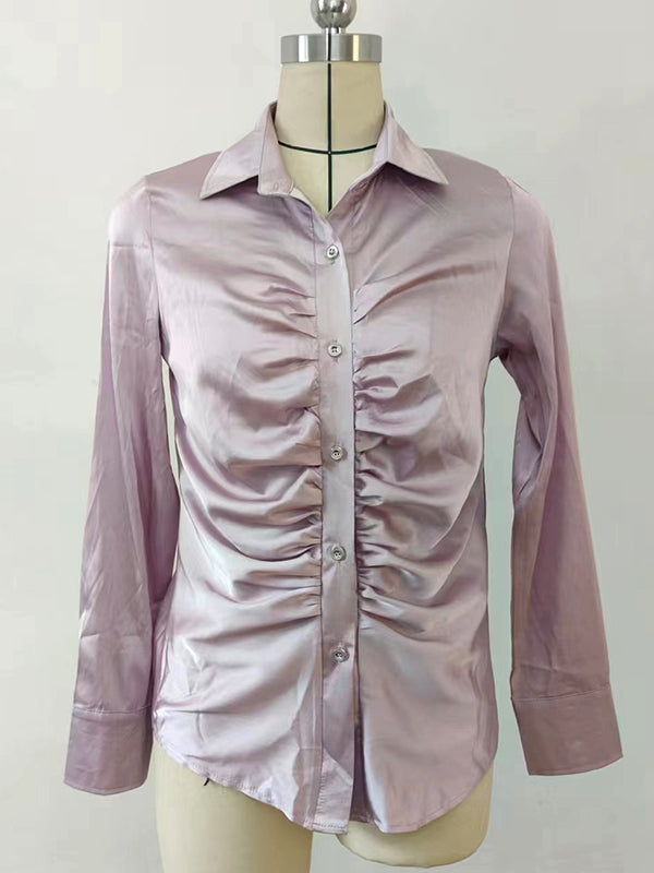 Pleated Solid Color Long Sleeves Lapel Blouses&shirts Tops