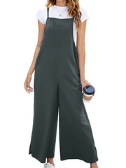 Pockets Solid Color Split-Side Loose Ninth Pants Spaghetti-Neck Overalls