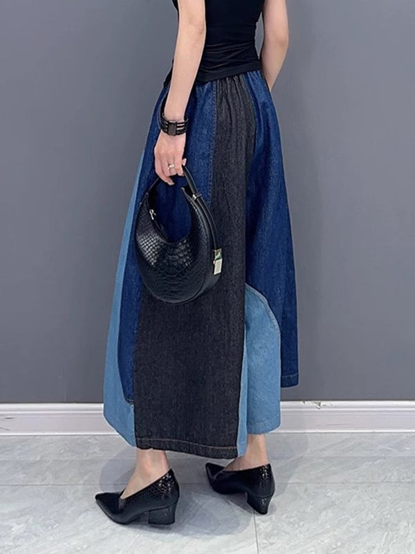 Contrast Color Elasticity Split-Joint Loose Wide Leg Jean Pants Bottoms