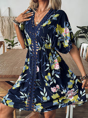 Flower Print Hollow Loose Short Sleeves V-Neck Mini Dresses Cover-Up