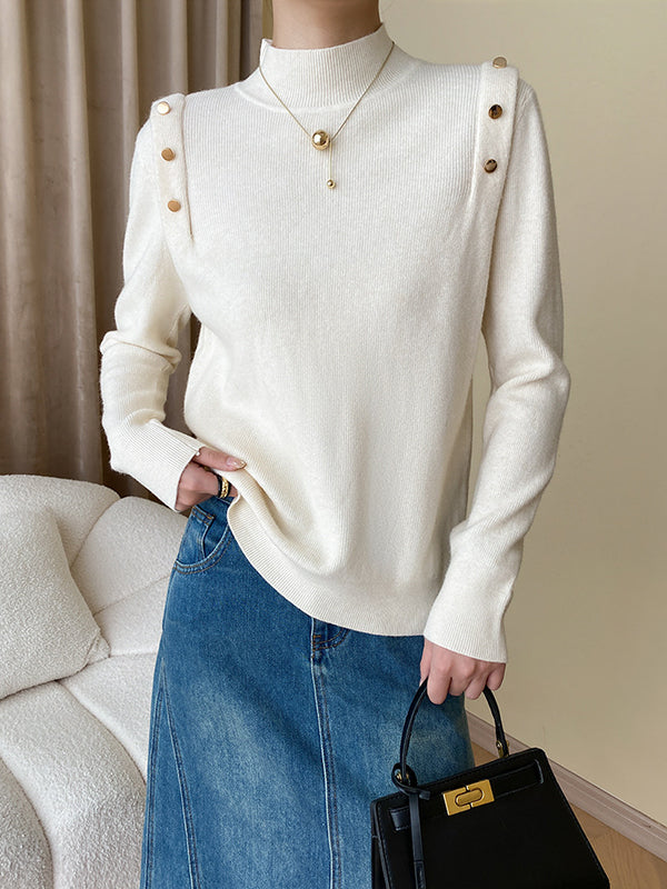Buttoned Split-Joint Long Sleeves High-Neck Sweater Tops