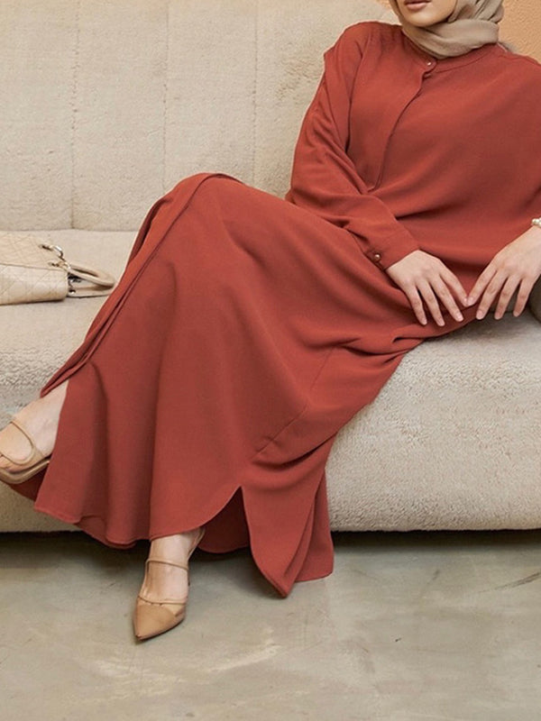Buttoned Muslim Solid Color Split-Side Batwing Sleeves Loose Round-Neck Muslim Abaya Maxi Dresses