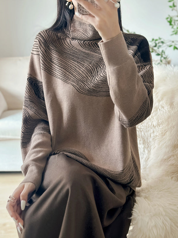 Contrast Color Long Sleeves Loose High Neck Sweater Tops Pullovers