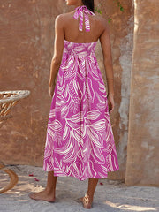 Hollow Leaves Print Split-Joint A-Line Loose Halter-Neck Midi Dresses