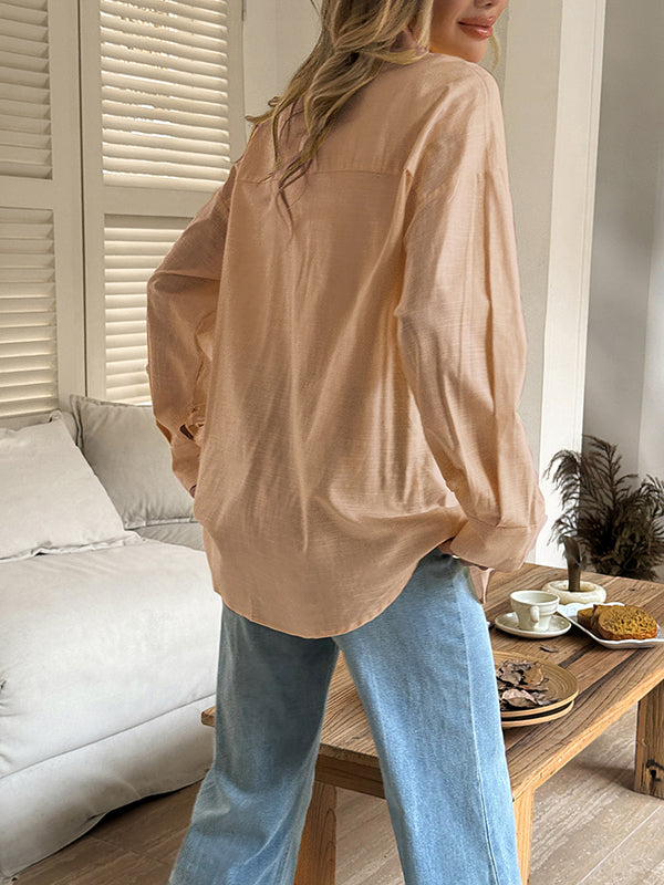 Buttoned Solid Color Long Sleeves Loose Lapel Blouses&shirts Tops