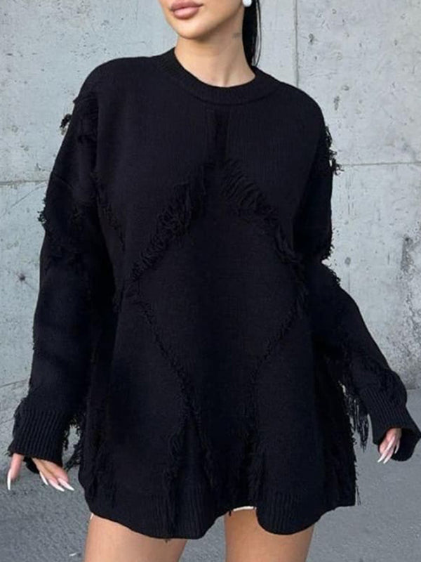 Solid Color Tasseled Long Sleeves Loose Round-Neck Sweater Tops Pullovers