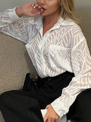 Buttoned Pockets See-Through Solid Color Split-Joint Long Sleeves Loose Lapel Blouses&Shirts Tops