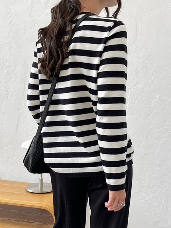 Split-Joint Striped Long Sleeves Loose Round-Neck Sweater Tops