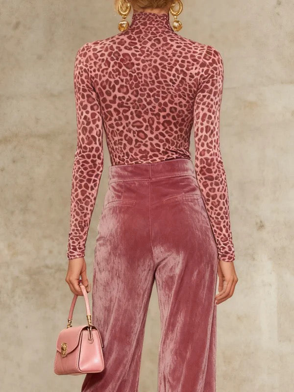 Leopard Long Sleeves Skinny High Neck T-Shirts Tops