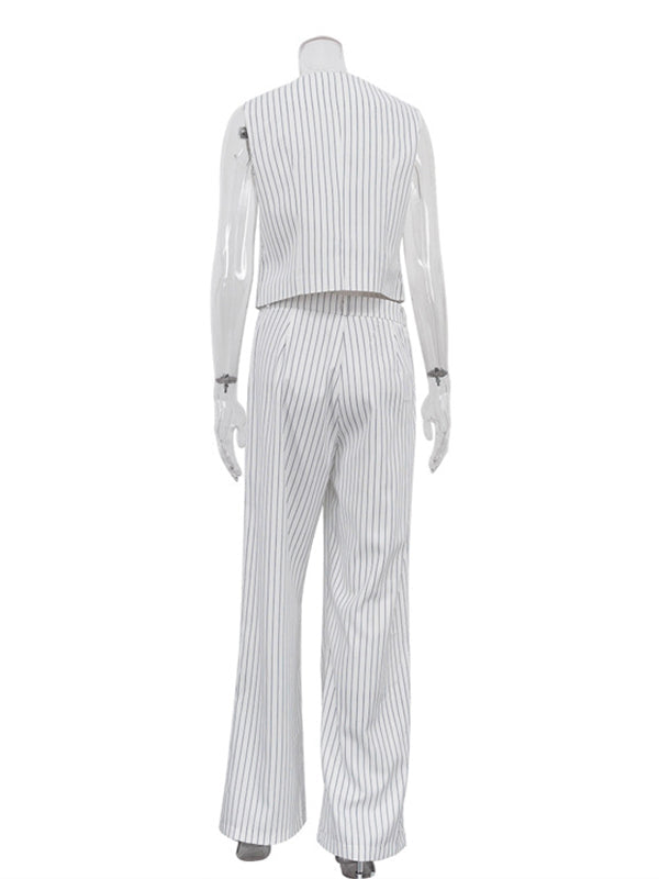Striped Loose Sleeveless Buttoned V-Neck Vest Top + Pockets Pants Bottom Two Pieces Set
