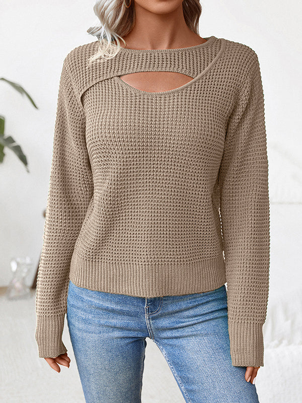Hollow Solid Color Split-Joint Long Sleeves Loose Round-Neck Sweater Tops Pullovers