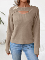 Hollow Solid Color Split-Joint Long Sleeves Loose Round-Neck Sweater Tops Pullovers