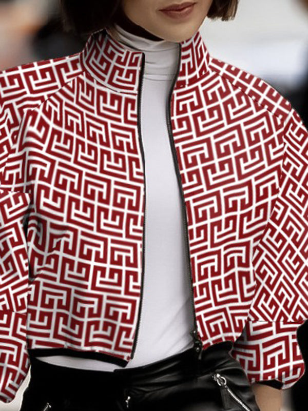 Loose Puff Sleeves Printed Stand Collar Outerwear