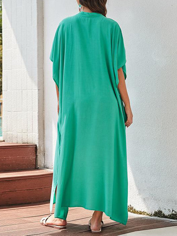 Solid Color Split-Side Sun Protection Batwing Sleeves Half Sleeves V-Neck Maxi Dresses Beach Cover-Up