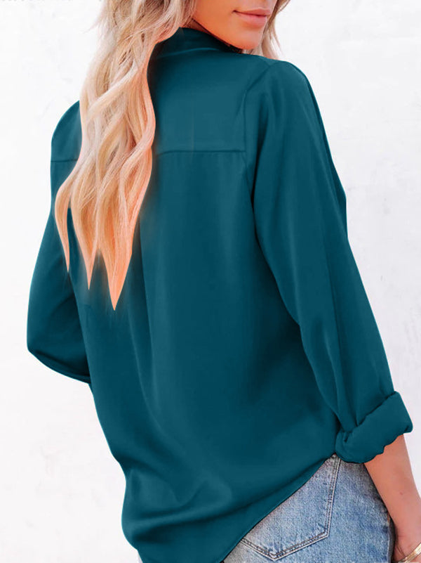 Urban Simple Long Sleeves Solid Color Lapel Blouses Top