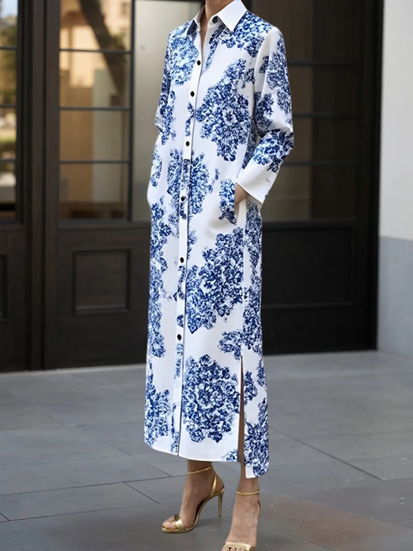Buttoned Printed Split-side Long Sleeves Lapel Shirt Dress Maxi Dresses
