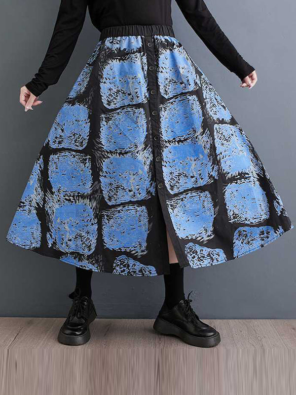 Contrast Color Elasticity Printed Split-Joint A-Line Loose Skirts