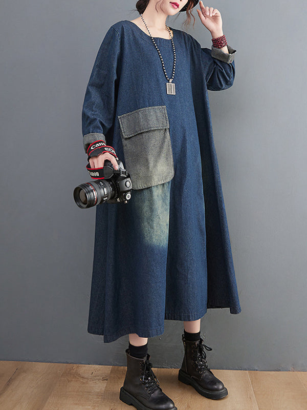 Artistic Retro Loose Denim Applique Round-Neck Long Sleeves Midi Dress