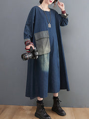 Artistic Retro Loose Denim Applique Round-Neck Long Sleeves Midi Dress