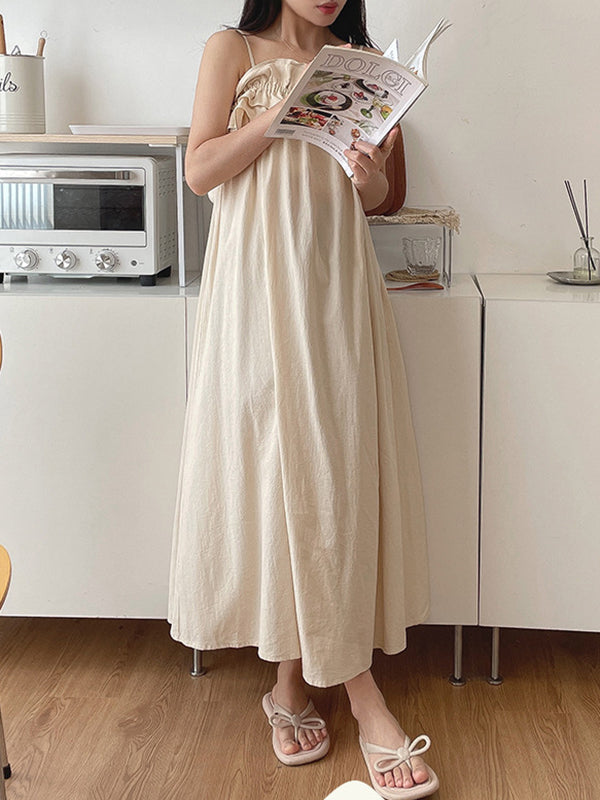 Elasticity Pleated Ruffled Solid Color Loose Sleeveless Spaghetti-Neck Pajama Dress Midi Dresses