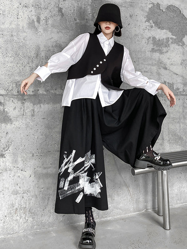 Original Loose Lace-Up Hollow Sleeve Blouse+Black Vest+Wide Leg Pants Culotte Three Pieces Set
