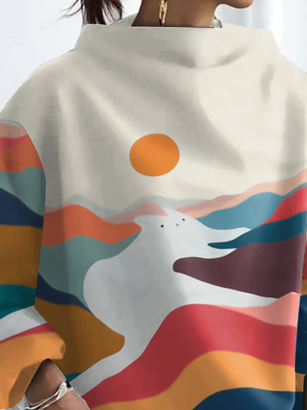 Printed Split-Joint Long Sleeves Loose High Neck Sweatershirt