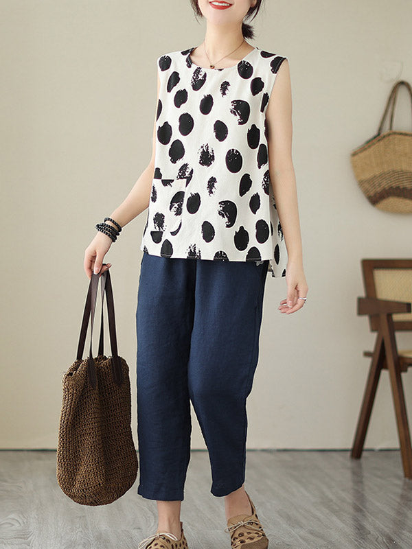 Pockets Polka-Dot Loose Plus Size Round-neck Vest Top