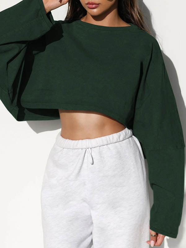 Solid Color Split-Joint Long Sleeves Loose Round-Neck Sweatshirt Tops